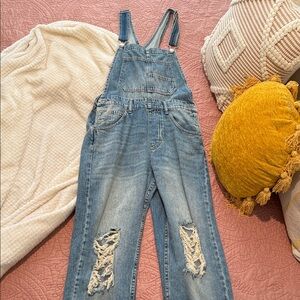 We The Free Blue Distressed Denim Overalls